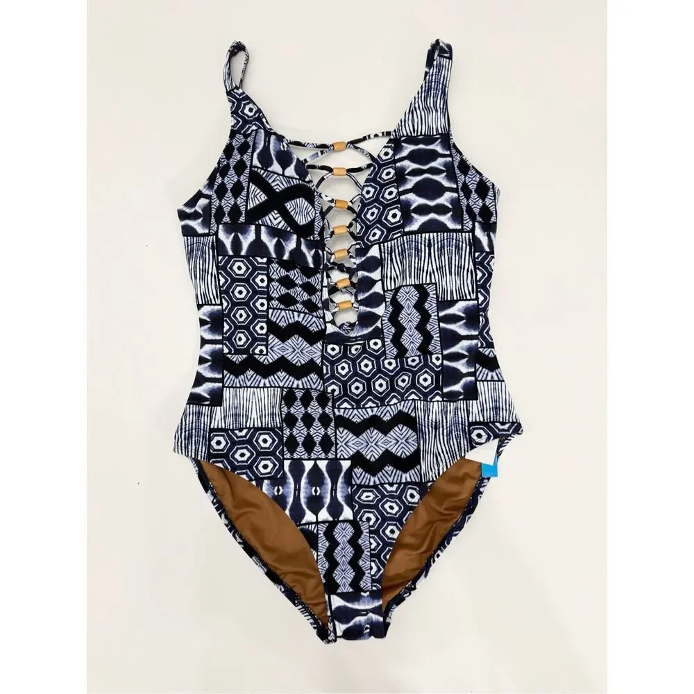 Bleu Rod Beattie Navy Multi‎ Print Bamboo Island Time One Piece Swimsuit 14 NWT
